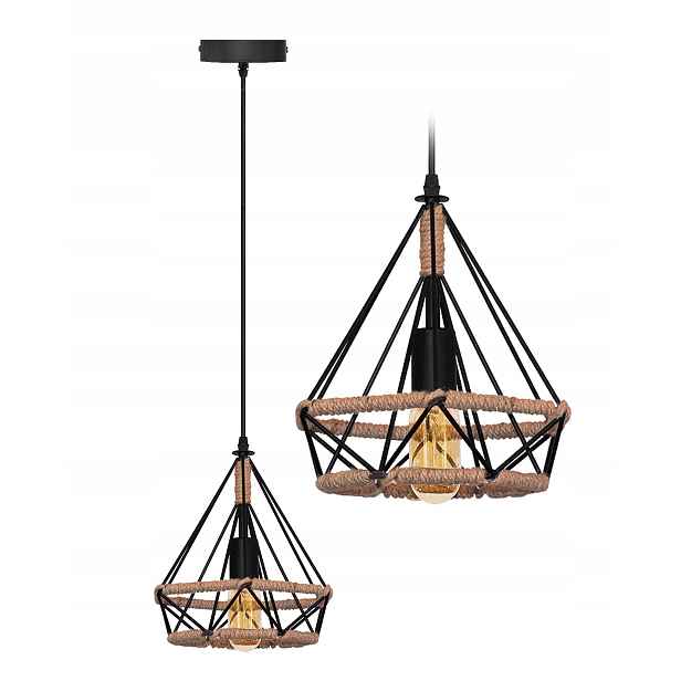 Závěsné svítidlo geometrické, kovové se šňůrou, styl Boho, závit E27, černo-hnědé