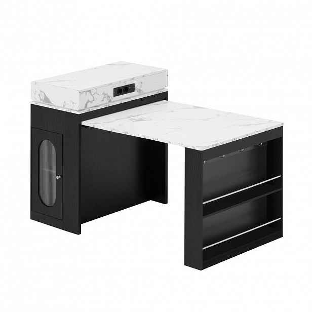 Modfu KUCHYŇSKÝ ostrov z MDF a skla 146x83x96 cm černý s rozkládací deskou, zásuvkou, policemi a vestavěnými zásuvkami