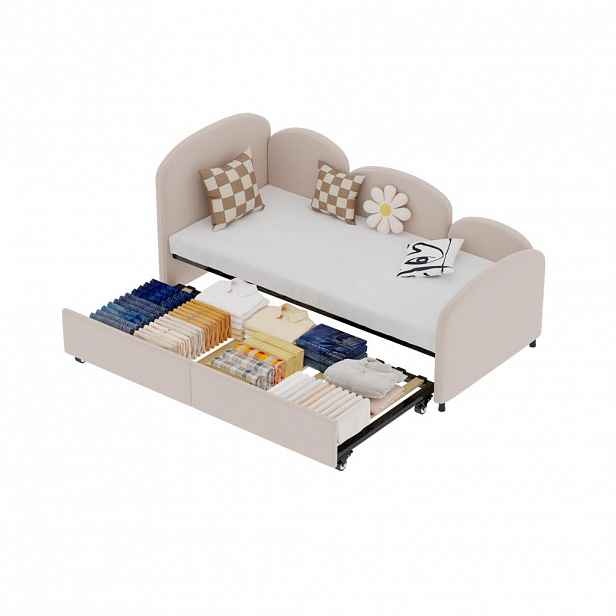 OKWISH DĚTSKÁ postel 90/200 cm růžová z kovu a sametu s květinovým designem a úložnou zásuvkou