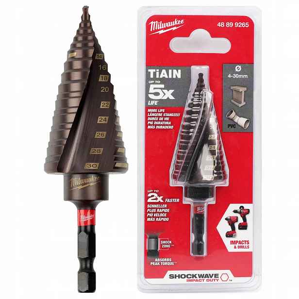 Vrták stupňovitý příklepový do kovu 4-30 mm Milwaukee inox kuželový