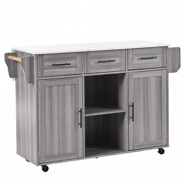 Modfu KUCHYŇSKÝ servírovací vozík z MDF 139x46(71)x91,5 cm šedobílý s výklopnou deskou, úložným prostorem a kolečky