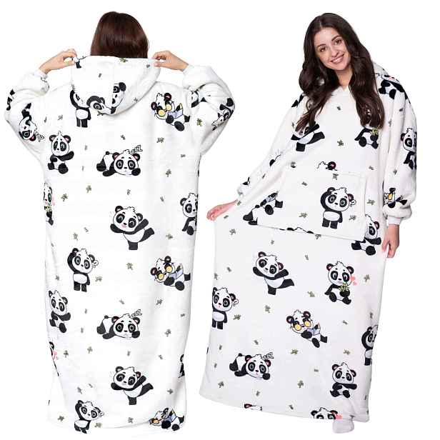 Koc oversize mikina Silná Teplá pro kotníky Mikinová Deka 2v1 XXL Panda Dárek