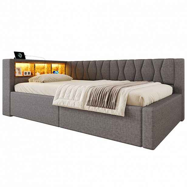 FLIEKS DENNÍ POSTEL 90x200cm Pohovka Úložná LED USB Šedá