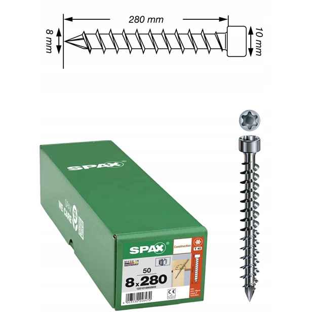 Šrouby Wirox pro konstrukci, plný závit, válec spax 8 x 280 mm, 50 ks
