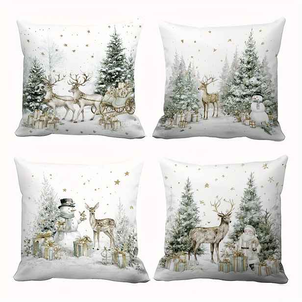 TEMU Sada 4 kusů povlaků na polštáře, zdobený vintage rustikální lesní vánoční stromek, hvězdy, sob, dárky, Santa Claus, sáně, sněhulák, vhodné pro
