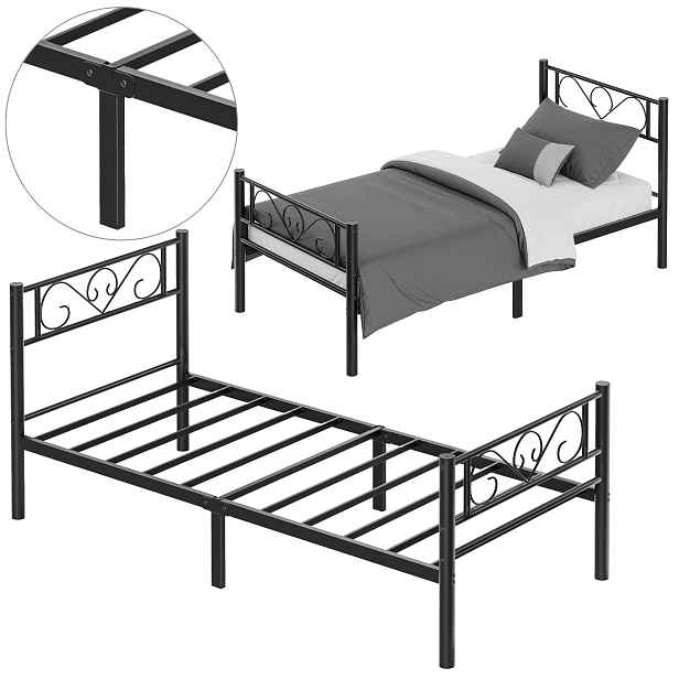 Rám Postele Černá kovová jednolůžková postel rošt 90x200 cm loft ložnice