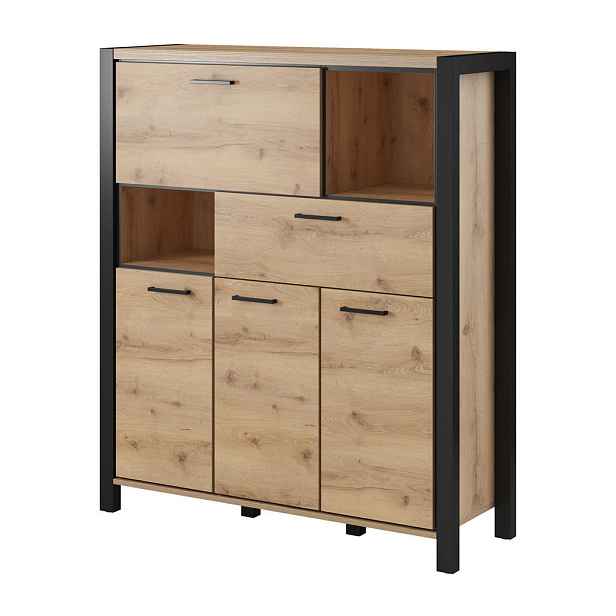MASSENO VYSOKÁ KOMODA ATTIVO, 120/140/41 cm s 1 zásuvkou a 3 dvířky, dekor dub
