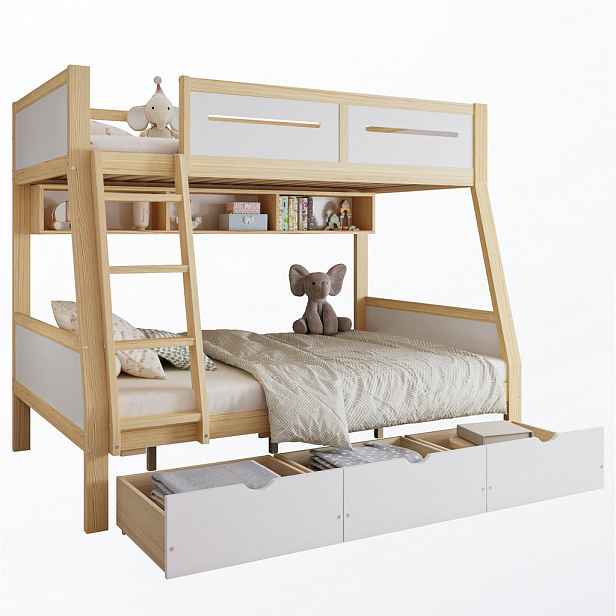 OKWISH PATROVÁ postel 140/200 cm bílá/přírodní z borovice a MDF se zásuvkami