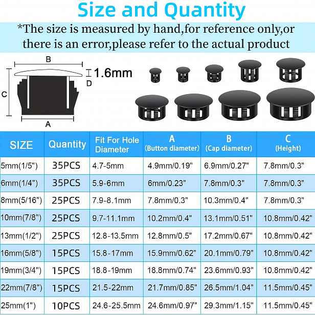 TEMU Sada 200 ks černých nylonových zátek do otvorů (9 velikostí: 1", 7/8", 3/4", 5/8", 1/2", 3/8", 5/16", 1/4", 1/5") - Plastové zátky do otvorů,
