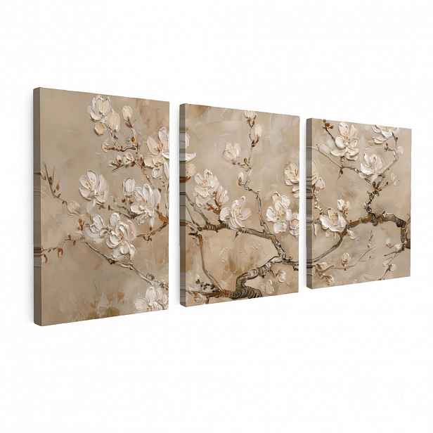 MuchoWow OBRAZ NA PLÁTNĚ 3dílná sada Béžová - Blossom - Moderní 90x40 cm