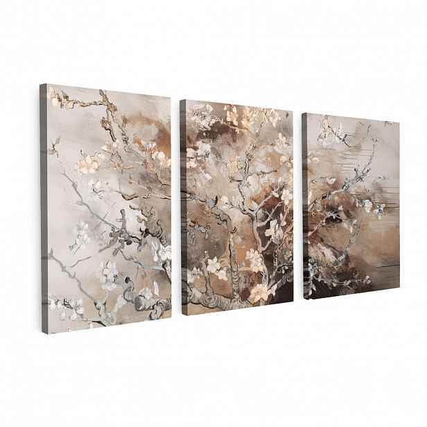 MuchoWow OBRAZ NA PLÁTNĚ 3dílná sada Mandlový květ - abstraktní - béžový 120x60 cm