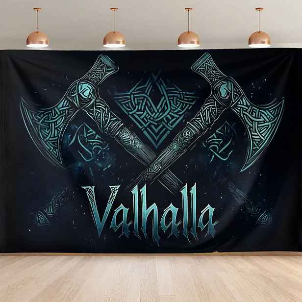 TEMU 1 ks Velká fantasy tapiserie s sekery – téma s keltskými uzly a hvězdami, zářivě modrá nástěnná dekorace do obývacího pokoje, ložnice, kanceláře