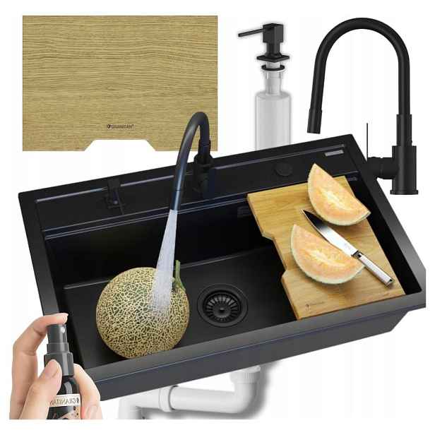 Granitový dřez Asti černý jednokomorový Set baterie Grado+ sifon