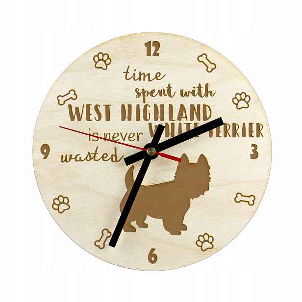 West Highland White Terrier gravírovaný hodinový stroj se psem, průměr 30 cm
