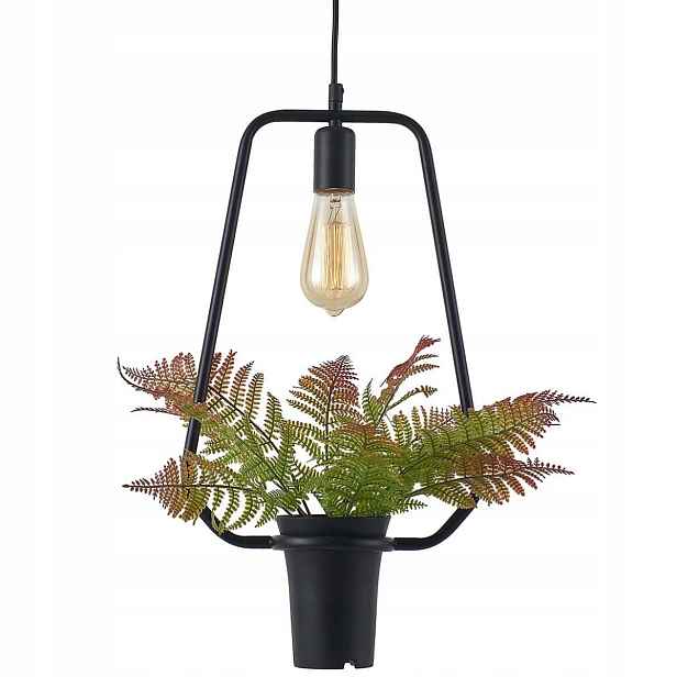 Závěsná lampa trapézová s květináčem a květinou, černá, loft do obývacího pokoje Polux