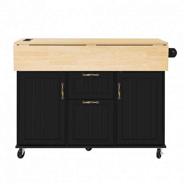 Modfu KUCHYŇSKÝ ostrůvek z MDF 120x80x92 cm černá/přírodní se sklápěcí deskou, zásuvkami, kolečky a elektrickým modulem
