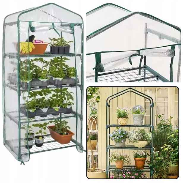 Mini zahradní balkonový skleník 4 police Kovová Fólie Pvc 69 x 49 x 157 cm