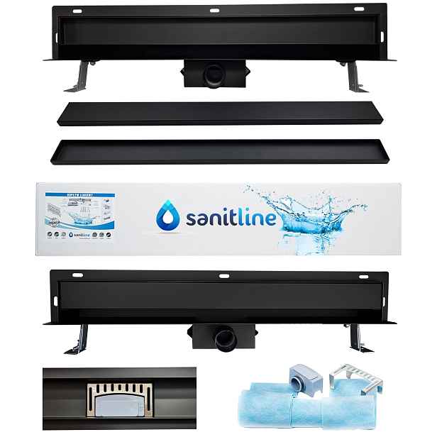 Sanitline Lineární odtok 80 cm Nástěnný 2 v 1 Černý Mat Pod dlažbu Hladký