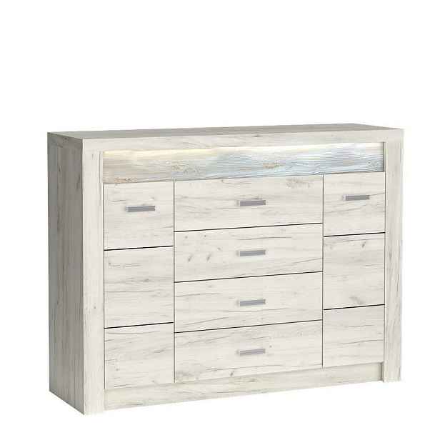 MASSENO KOMODA ZERI, 137/103,5/42 cm se 4 zásuvkami a 2 dvířky, dub Bianco