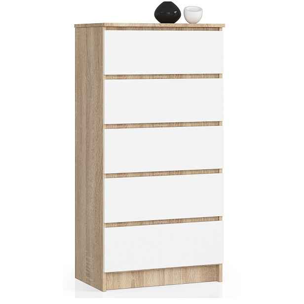 Ak furniture Komoda Kuba 60 cm - 5 šuplíků dub sonoma/bílá