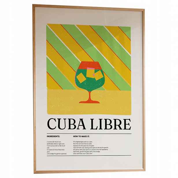 Plakát s recepty na nápoje Cuba Libre A3, dřevěný Rámeček , kuchyňský bar, 30x42 cm