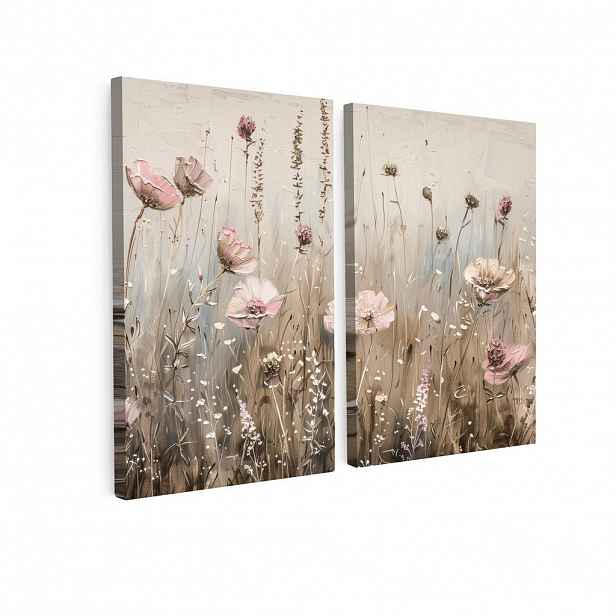 MuchoWow OBRAZ NA PLÁTNĚ 2dílná sada Květiny - béžová - moderní - růžová 80x60 cm