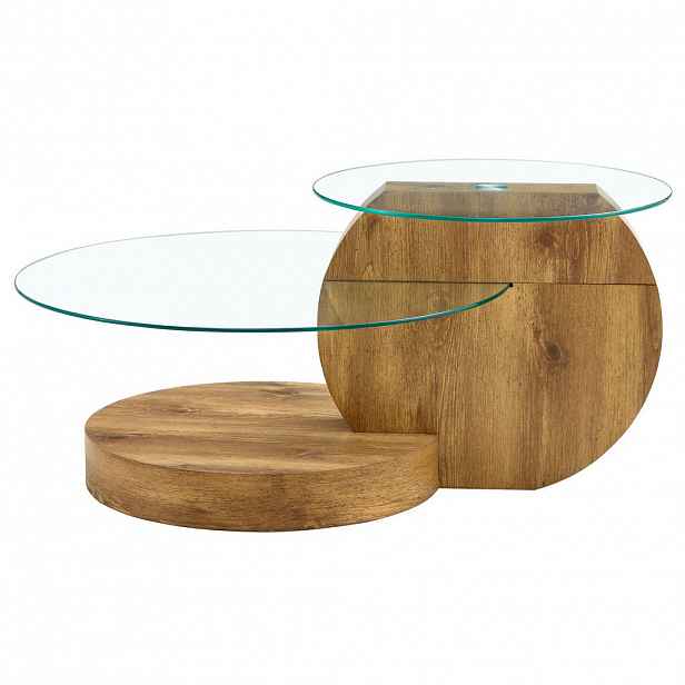 Modfu KONFERENČNÍ stolek z MDF a skla 89x89x43 cm transparentní/dekor dřeva s víceúrovňovým úložným prostorem