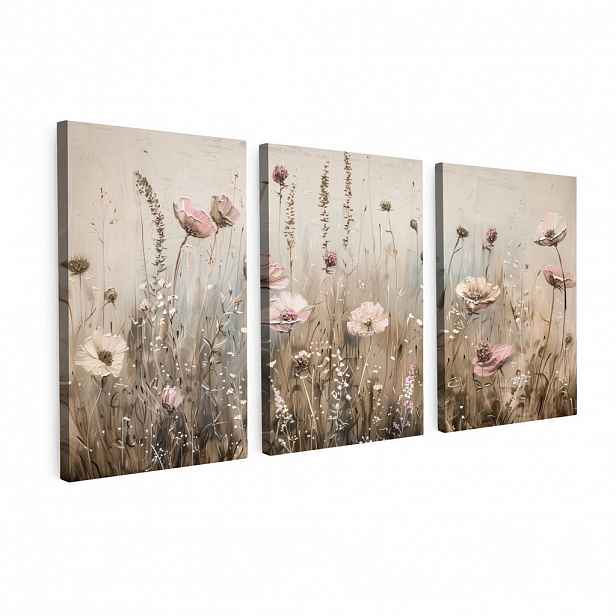 MuchoWow OBRAZ NA PLÁTNĚ 3dílná sada Květiny - béžová - moderní - růžová 120x60 cm