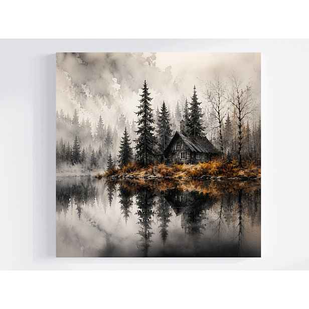 Obraz Na Plátně Plátno Les Stromy Jezero Chata Mlha Podzim Šedá 60x60