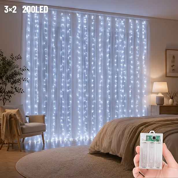 TEMU 300/200 LED Závěsová Řetězová Světla, 8 Světelných Režimů Měkká Bílá Okenní Pohádková Světla, Závěsné Drapérové Atmosférické Světlo, Vnitřní