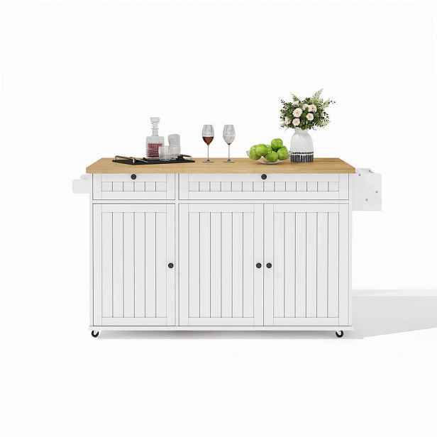 Modfu KUCHYŇSKÝ ostrůvek z MDF 137x70x90 cm přírodní/bílý se sklopnou pracovní deskou, zásuvkami a uzamykatelnými kolečky
