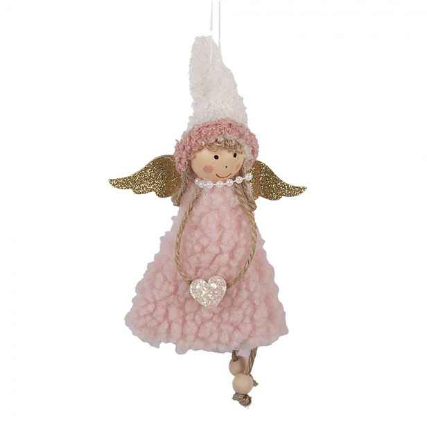Růžová závěsná ozdoba andílek se srdíčkem - 10*3*20 cm Clayre & Eef