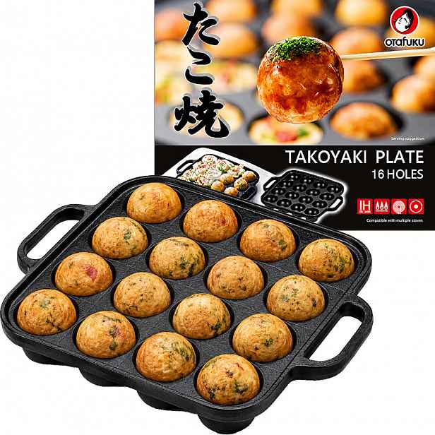 Litinová pánev na japonské kuličky Takoyaki 16 otvorů 23 cm x 18 cm