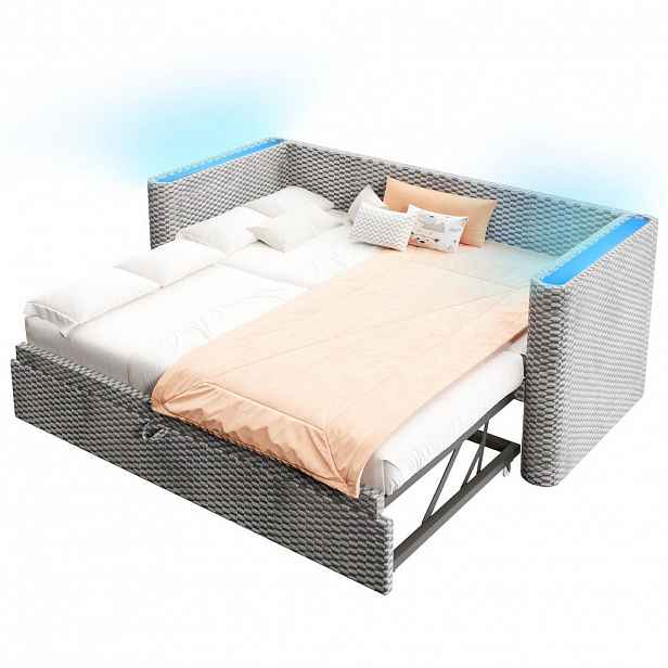 FLIEKS DENNÍ POSTEL 90/180x200cm Samet LED Rozkládací Šedá