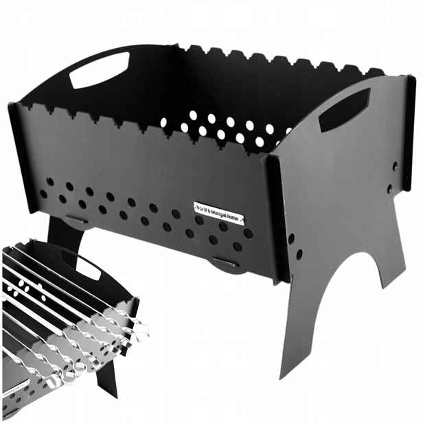 Mangal Grill na 10 špízů, uhlíkový, kovový, 3 mm, skládací, multifunkční