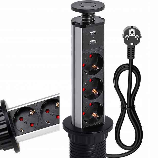 Stolní Zásuvka Zapuštěná Do Pracovní Desky, Napájecí 3 Zásuvky, 2 Usb