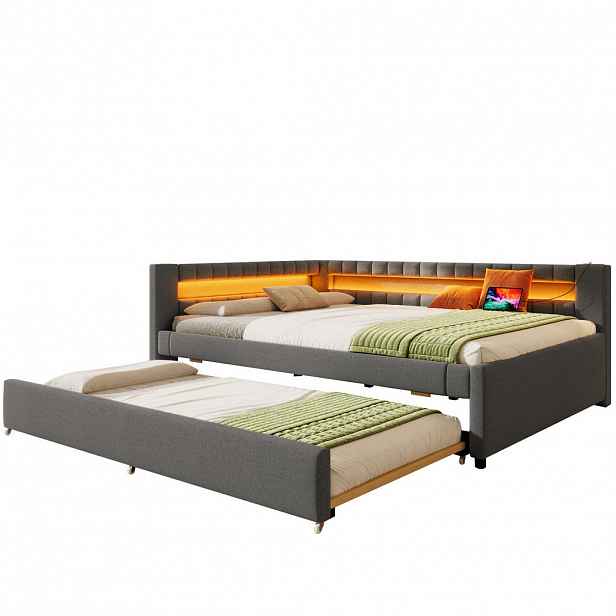 FLIEKS DENNÍ POSTEL 140x200cm Len LED Rozkládací USB Šedá