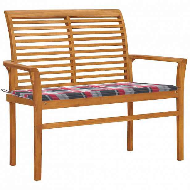 vidaXL Zahradní lavice + červená károvaná poduška 112 cm masivní teak