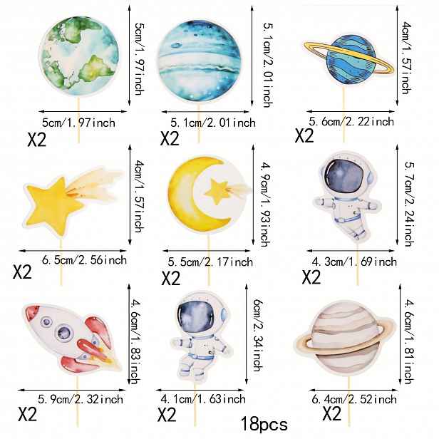 TEMU 18ks Modré Vesmírné Astronauty na Ozdobu Cupcakes - Designy Planety, Raket, Teleskopu & Přistání Měsíce - Ideální pro Narozeninové Párty s