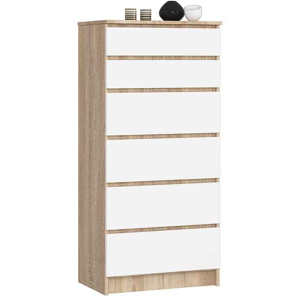 Ak furniture Komoda Kuba 60 cm - 6 šuplíků dub sonoma/bílá