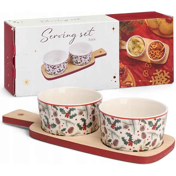 Misky Sváteční Porcelánové Na Dřevěném Podnosu 3 Díly