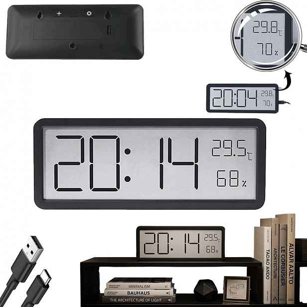 Nástěnné hodiny s LCD displejem, černé, s datem a teplotou do kanceláře