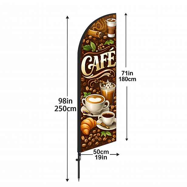 TEMU [Kavárna] s peří, výška 6,5 stop (tyč není součástí balení), reklamní banner s CAFÉ, polyesterová tkanina, oboustranný displej a ochrana proti
