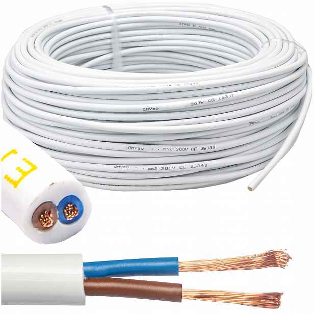 Kulatý Kabel 100 m Bílý Ohebný Lanko H03VV-F proudový kabel Omy 2x1mm2