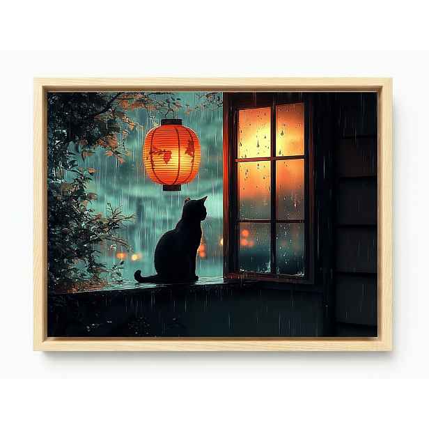 Obraz Rám Americká Krabička Večer Noc Déšť Liják Lampion Černá Kočka 80x60
