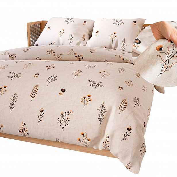 Povlečení z bavlněného saténu Dusoria jemné květy bylinky béžová boho 220x200
