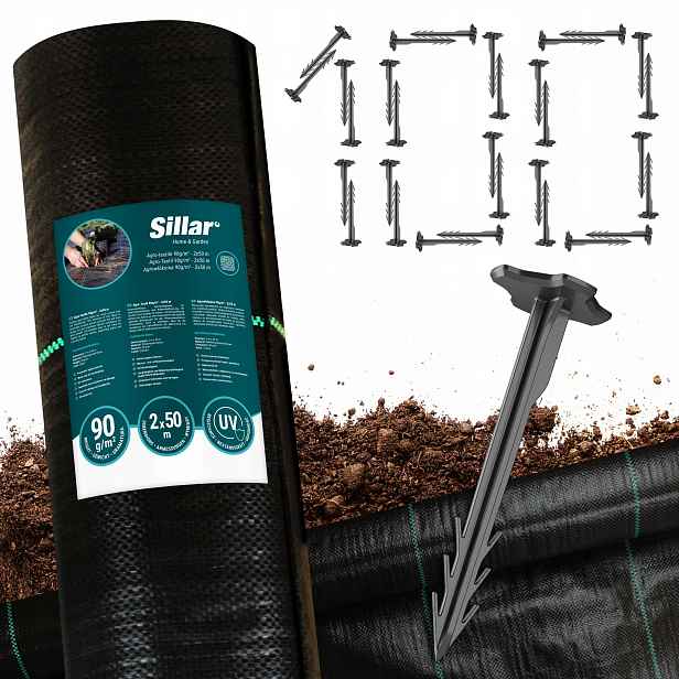 Silná Agrotkanina 2x50 m Agrotextilie Na Plevel 90 g Hrubá černá kotvy