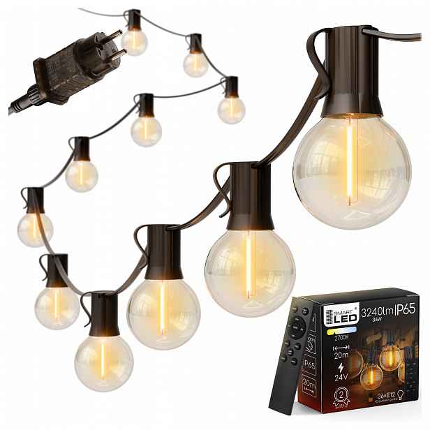 Zahradní světelná girlanda 20 m 36x Led žárovka Řetěz dárek 2x E12 IP65
