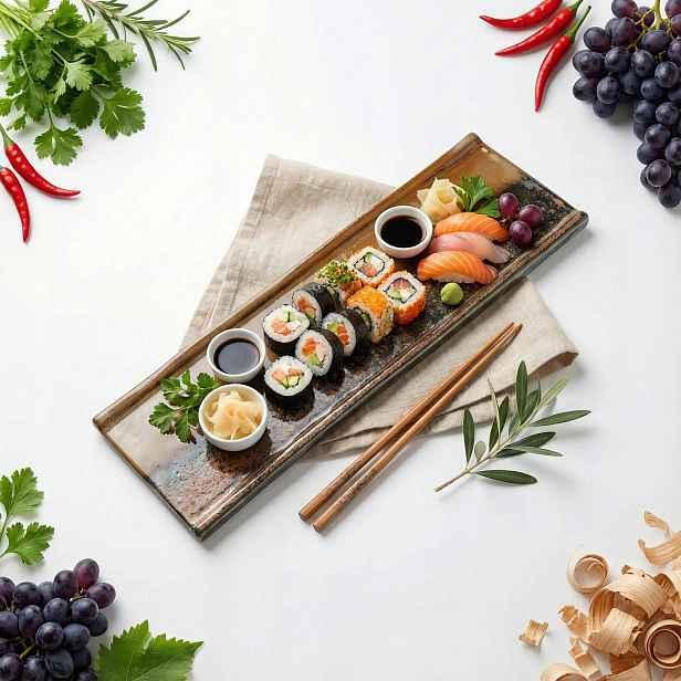 Podnos Talíř Obdélníkový Keramický Pro Servírování Sushi Hnědý 39×12 CM