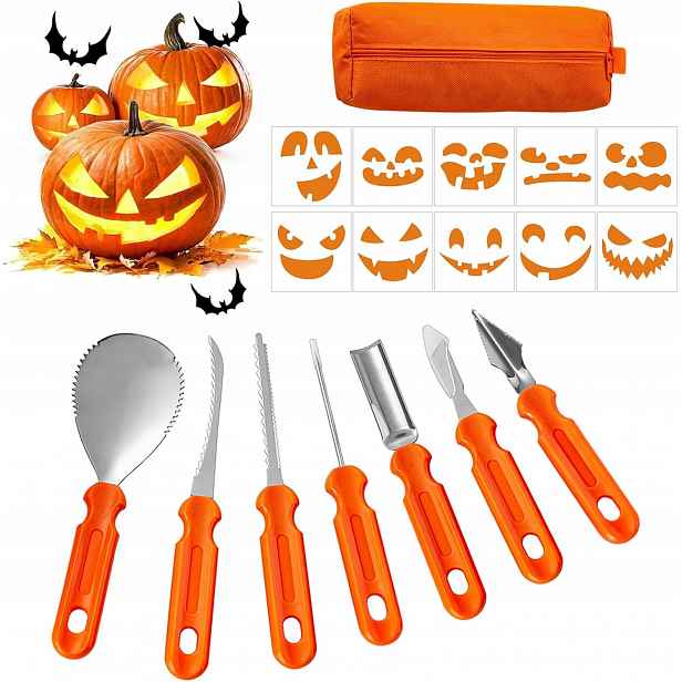 Sada Nářadí Na Vyřezávání Dýní 7KS S Taškou A 10 Vzory Na Halloween